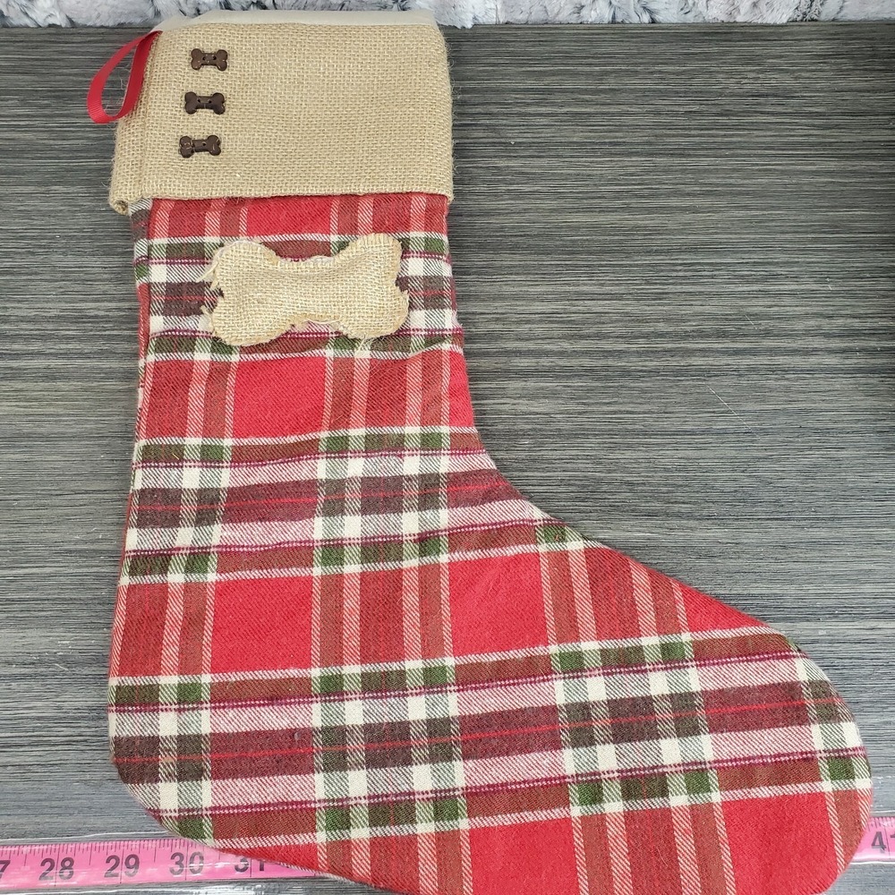 Domain Christmas Red Plaid and Burlap Dog Pet Stocking with Button Bones 16"